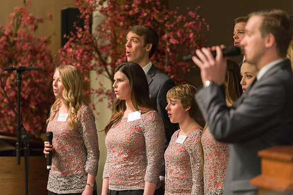 Vocal Union shares their singing talent during an evening with President Henry J. Eyring in the Church Office Building in Salt Lake City, Utah.