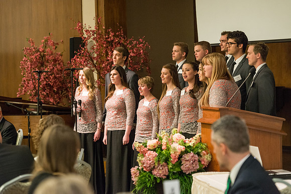 Vocal Union shares their singing talent during an evening with President Henry J. Eyring in the Church Office Building in Salt Lake City, Utah.