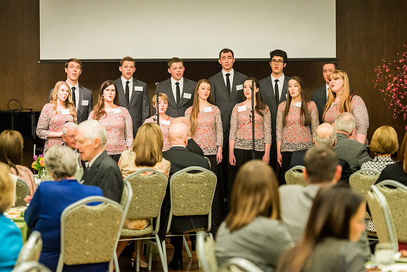 Vocal Union shares their singing talent during an evening with President Henry J. Eyring in the Church Office Building in Salt Lake City, Utah.
