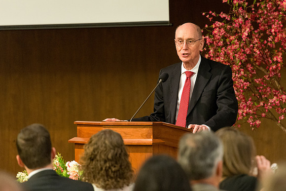 President Henry B. Eyring of the First Presidency speaks to guest.