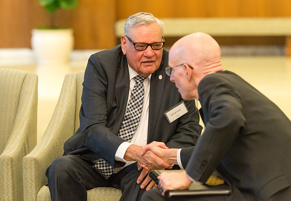 Guests have a chance to mingle during an evening with President Henry J. Eyring in the Church Office Building in Salt Lake City, Utah.