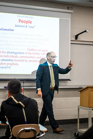 BYUI classes in the religion department meeting during Covid-19 with masks and social distanced seating.