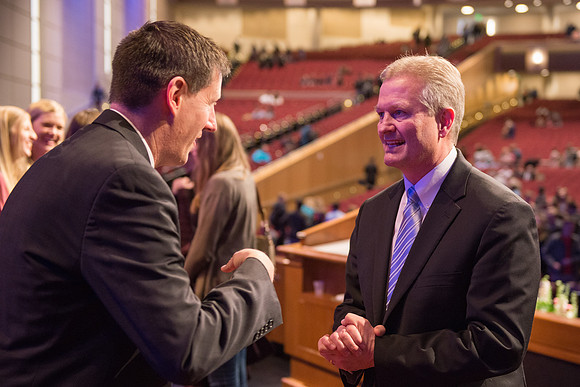 Elder K. Brett Nattress of the Seventy speaks at the devotional in the BYU-Idaho Center.
