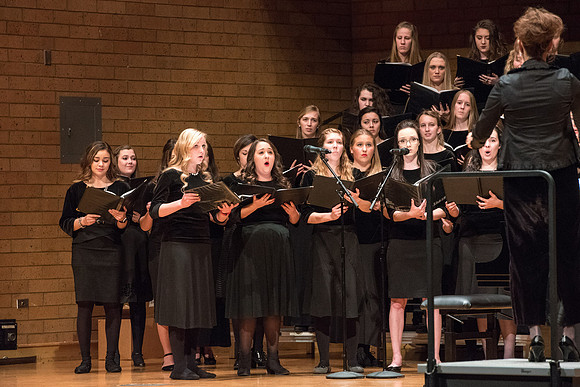 The Brigham Young University-Idaho choirs and ensembles perform in a concert together.