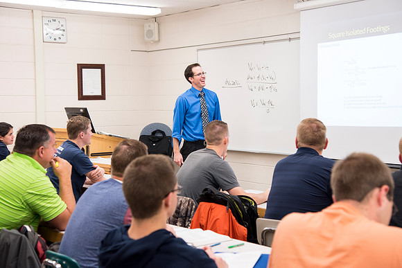 Students in a Civil Engineering class, Reinforced Concrete Design, are taught by Nathan Harris.