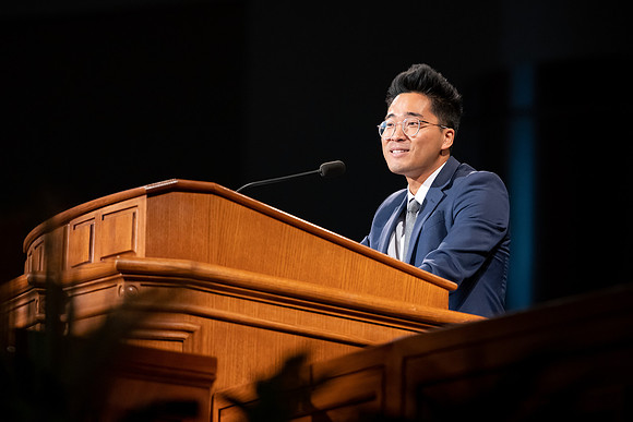 Students and faculty gather in the BYU-Idaho center for the weekly devotional.