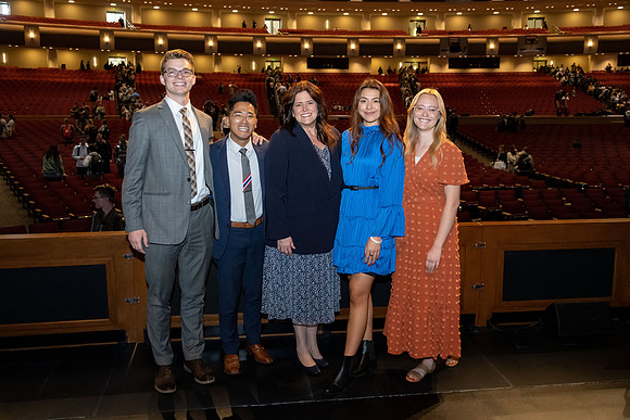 Students and faculty gather in the BYU-Idaho center for the weekly devotional.