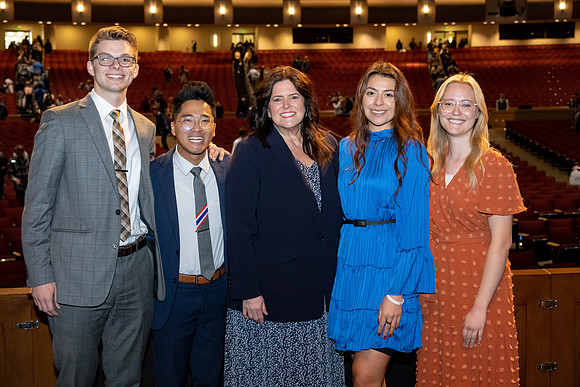 Students and faculty gather in the BYU-Idaho center for the weekly devotional.