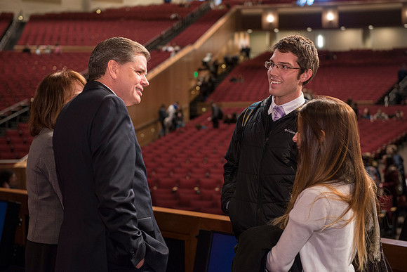 David L. Beck greets students after devotional in the BYU-Idaho Center.