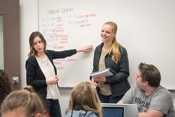 Students study with Brother John Fisher in the Biology Study Lab.