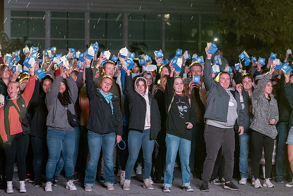 Students participate in the Spirit Week festivities that include a torch lighting and parade.