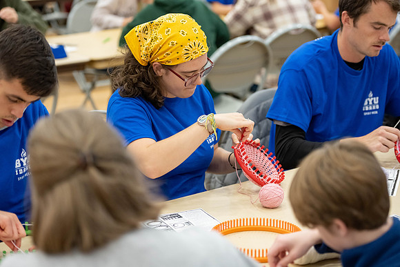 Students gather in the I-Center courts for a service project during spirit week.