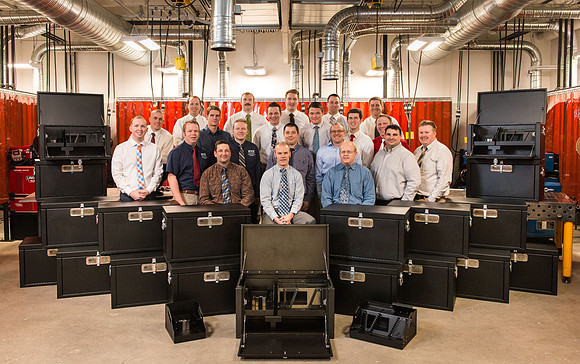 Welding students group photo with tool boxes they manufactured during the semester. April 2018