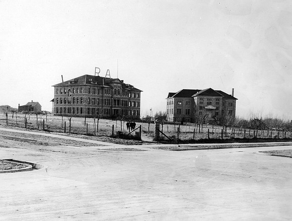 View of the Ricks Academy Building (left) and Gym Building (right) around 1919 or 1920