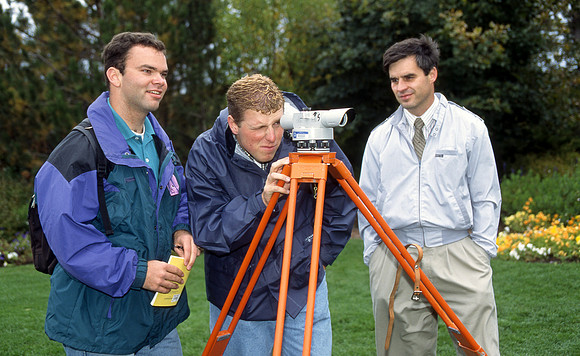 Engineering students participate in a surveying activity