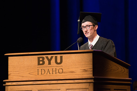 Convocation for the College Agriculture and Life Sciences. Student speaker, Travest Woodbury, Food Sciences degree.