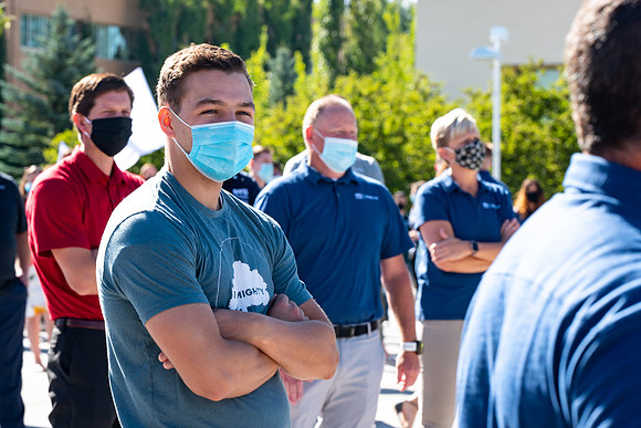 Video production of Vice President, Amy LaBaugh. Examples of students and faculty staying safe and healthy during the COVID-19 pandemic by social distancing, following pathway arrows, and wearing face