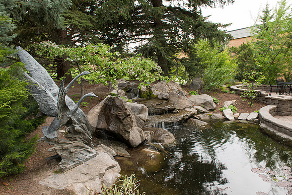 A water feature in the Thomas E Ricks Gardens at BYU-Idaho. Swans by sculpted by Gary Price.