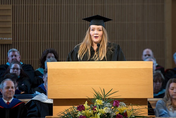 Emily Nicole Stearman graduates from Marrige and Family Studies, speaks at the College of Eduation and Human Development convocation.