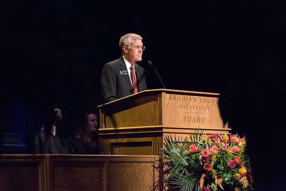 Craig Cobia, Alumni representative, speaks at the College of Performaing and Visual Arts convocation.