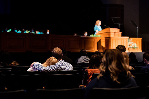 Students gather at the I-center to watch the devotional given by Holly Johnson.