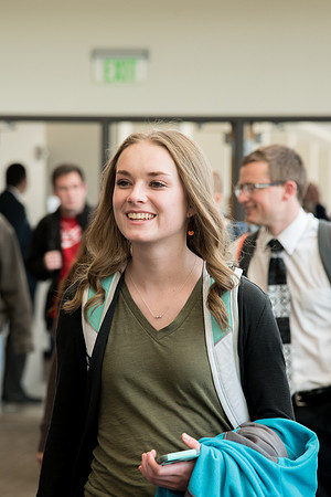 Students crowd before the devotional at the first day of Spring semester.