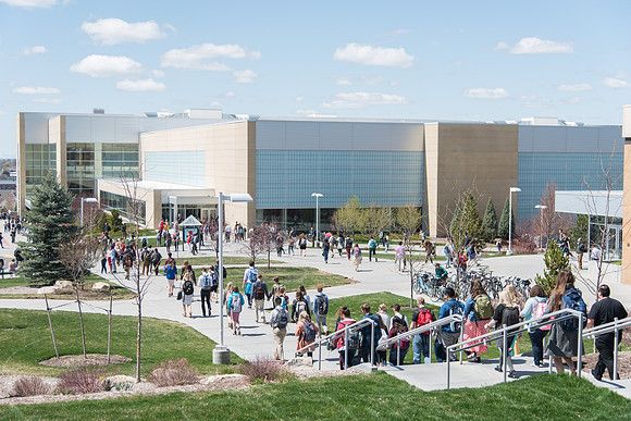 Students crowd before the devotional at the first day of Spring semester.