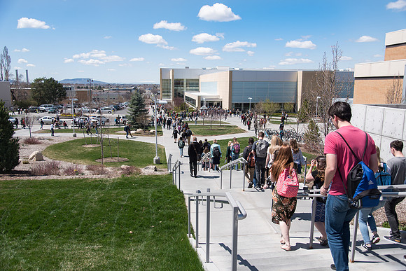 Students crowd before the devotional at the first day of Spring semester.
