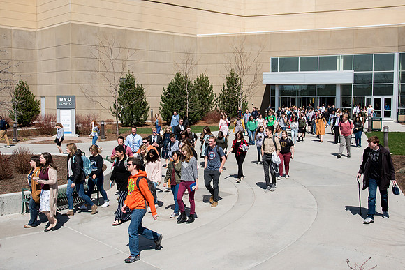 Students crowd after the devotional at the first day of Spring semester.
