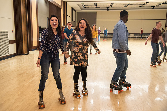 Rexburg YSA 20th Ward opening social. Rollerskating and pizza in the Manwaring Center Ballroom. April 2018