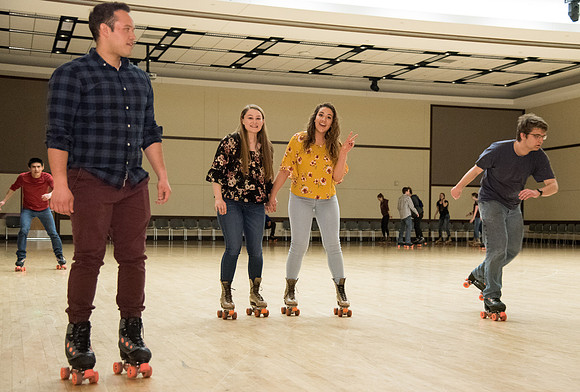 Rexburg YSA 20th Ward opening social. Rollerskating and pizza in the Manwaring Center Ballroom. April 2018