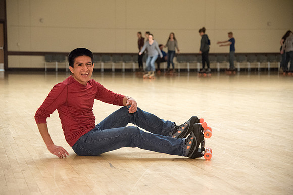 Rexburg YSA 20th Ward opening social. Rollerskating and pizza in the Manwaring Center Ballroom. April 2018