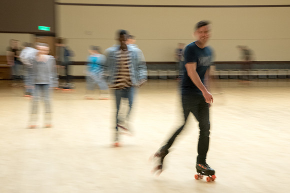 Rexburg YSA 20th Ward opening social. Rollerskating and pizza in the Manwaring Center Ballroom. April 2018
