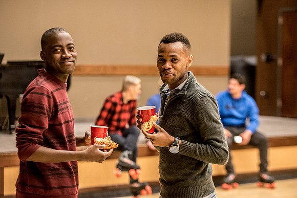 Rexburg YSA 20th Ward opening social. Rollerskating and pizza in the Manwaring Center Ballroom. April 2018