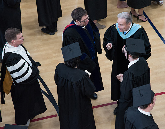 Graduates meet in the I-Center Courts for Processional before Commencement begins. April 2018