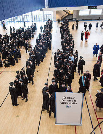 Graduates meet in the I-Center Courts for Processional before Commencement begins. April 2018