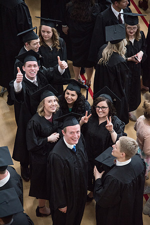 Graduates meet in the I-Center Courts for Processional before Commencement begins. April 2018