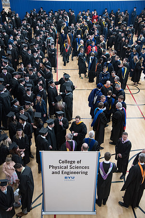 Graduates meet in the I-Center Courts for Processional before Commencement begins. April 2018