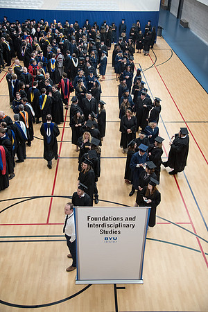 Graduates meet in the I-Center Courts for Processional before Commencement begins. April 2018