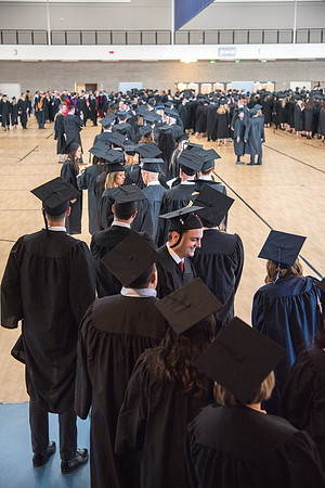Graduates meet in the I-Center Courts for Processional before Commencement begins. April 2018