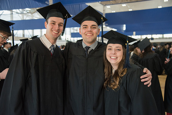 Graduates meet in the I-Center Courts for Processional before Commencement begins. April 2018