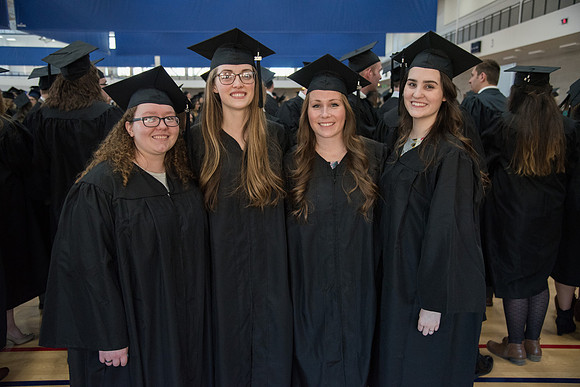 Graduates meet in the I-Center Courts for Processional before Commencement begins. April 2018