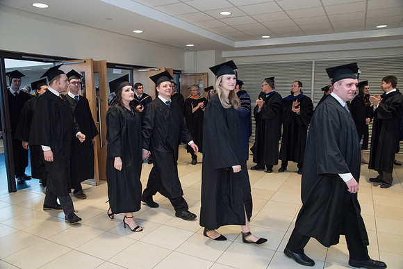 Graduates meet in the I-Center Courts for Processional before Commencement begins. April 2018