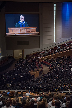 President Henry J. Eyring speaking at Winter Semester Commencement in the BYU-Idaho Center. April 2018