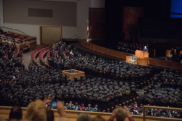 President Henry J. Eyring speaking at Winter Semester Commencement in the BYU-Idaho Center. April 2018