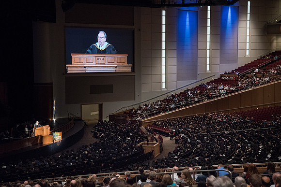 Elder Vern P. Stanfill speaks at Winter Semester Commencement in the BYU-Idaho Center. April 2018