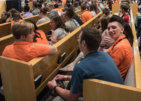 New Students gather for the Get Connected Devotional in the Taylor Chapel. April 2018