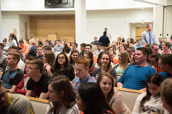 New Students gather for the Get Connected Devotional in the Taylor Chapel. April 2018
