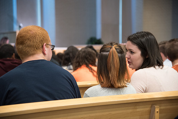 New Students gather for the Get Connected Devotional in the Taylor Chapel. April 2018