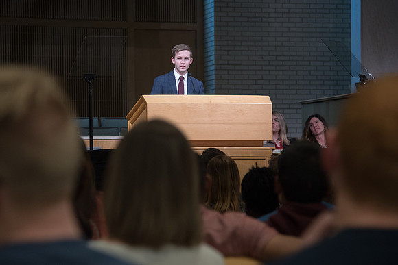 Student representative speaks at Get Connected welcome devotional for the new students of BYU-Idaho in the Taylor Chapel. April 2018